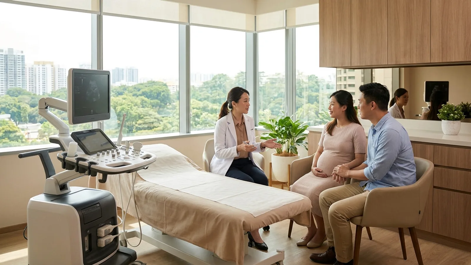 Bright modern Singapore obstetrics and gynaecology clinic consultation room with an ultrasound machine and warm natural light