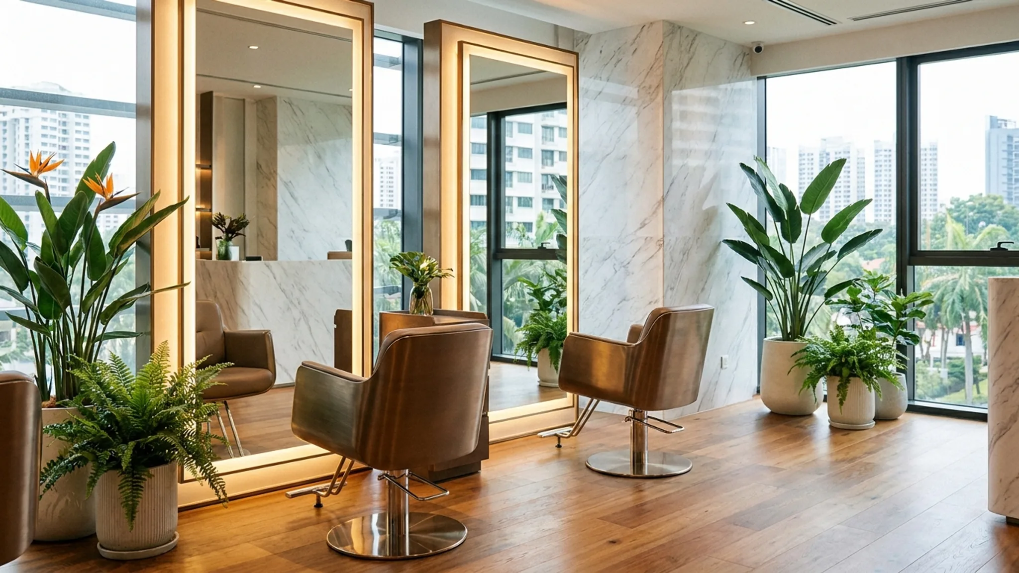 Stylish modern hair salon interior in Singapore with salon chairs and warm lighting representing the best hair salons in Singapore