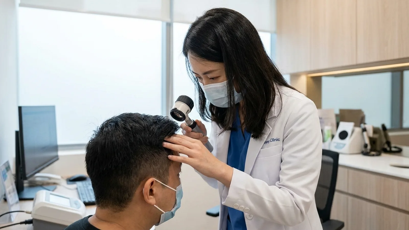 A doctor examining a patient's scalp and hairline in a modern clinic in Singapore, clean clinical consultation setting