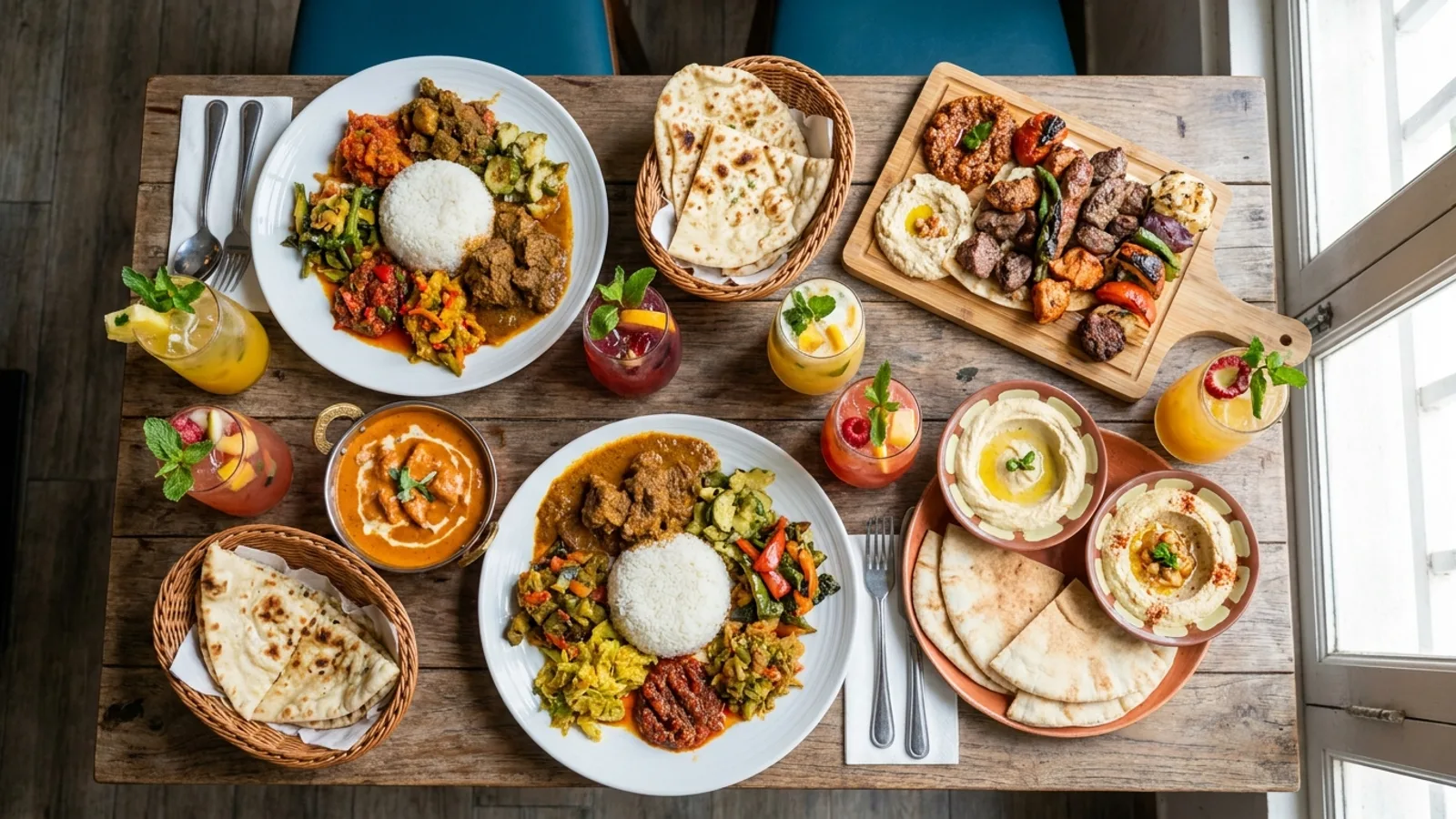 An appetising halal food spread across a Singapore restaurant table with nasi padang, grilled meats and Middle Eastern mezze