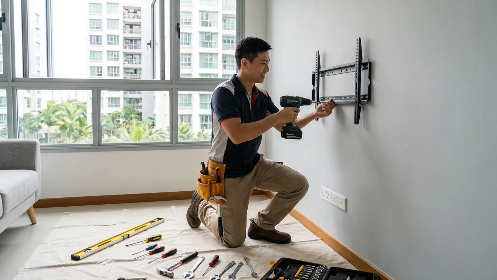 A handyman mounting a TV bracket on the wall of an HDB flat living room in Singapore