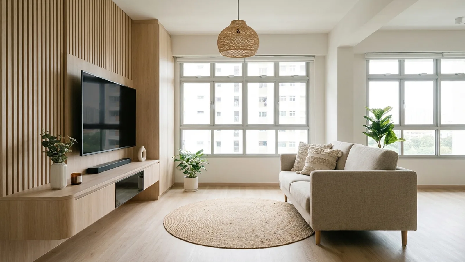 A newly renovated Singapore HDB BTO living room with light wood built-in carpentry, a compact sofa and bright natural light