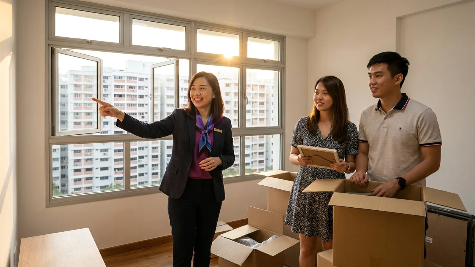 A Singapore property agent showing a young couple around a bright HDB resale flat with moving boxes, HDB blocks through the window