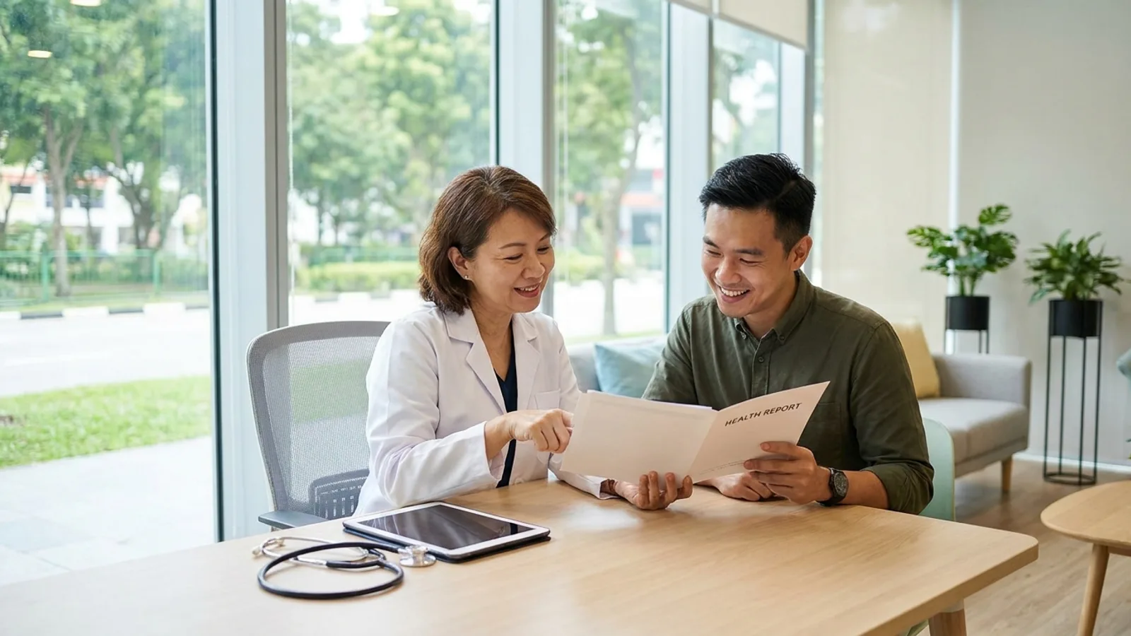 A doctor reviewing health screening results with a patient in a modern clinic in Singapore, medical charts and a stethoscope on the desk