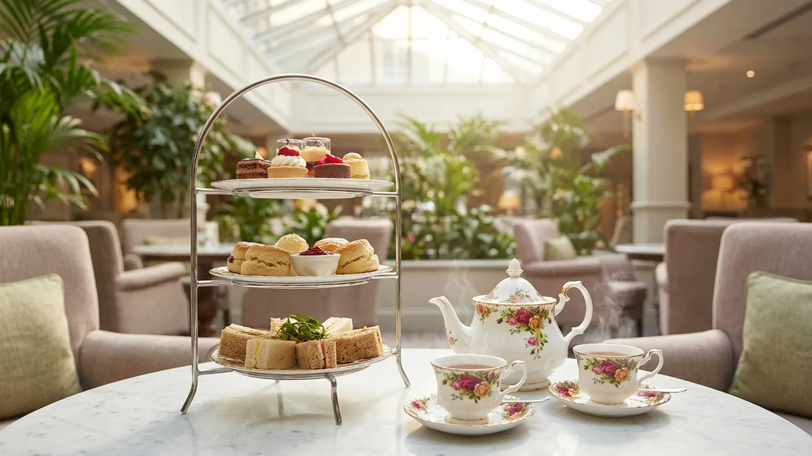 Elegant three-tiered high tea stand with finger sandwiches, scones and pastries beside a pot of tea in a light-filled Singapore hotel lounge