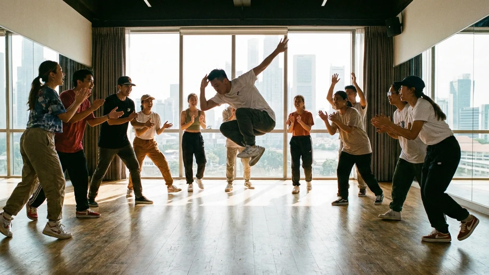 A group of young adult street dancers mid-freeze during a hip-hop class in a bright Singapore studio with mirrored walls