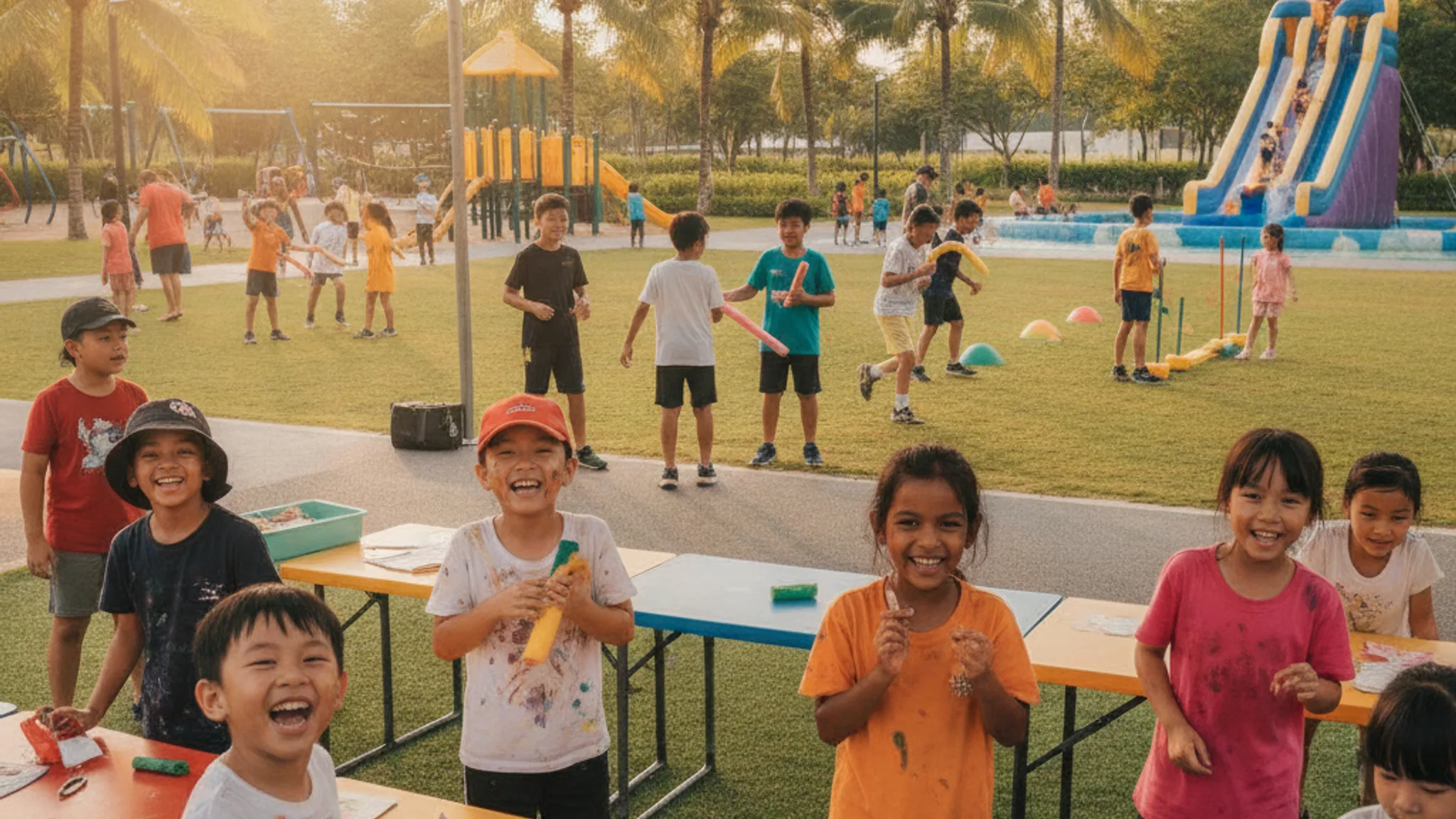 Diverse group of children at a kids holiday camp in Singapore doing outdoor and craft activities on a sunny day