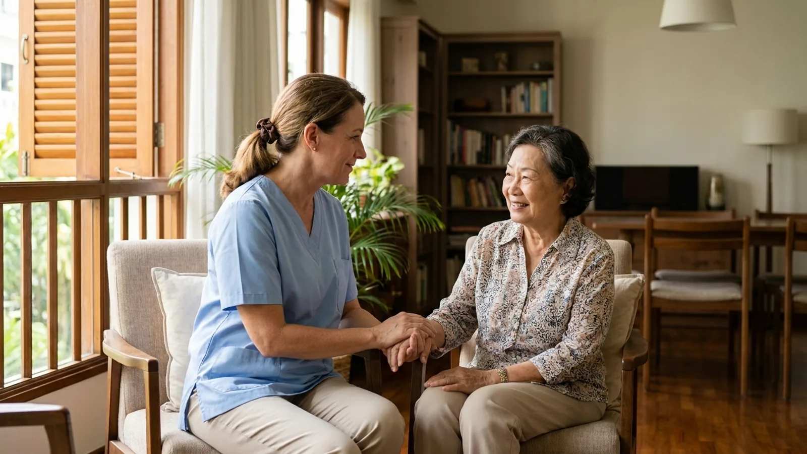 A warm home scene in Singapore of a caregiver helping an elderly person by a sunlit window, gentle and reassuring