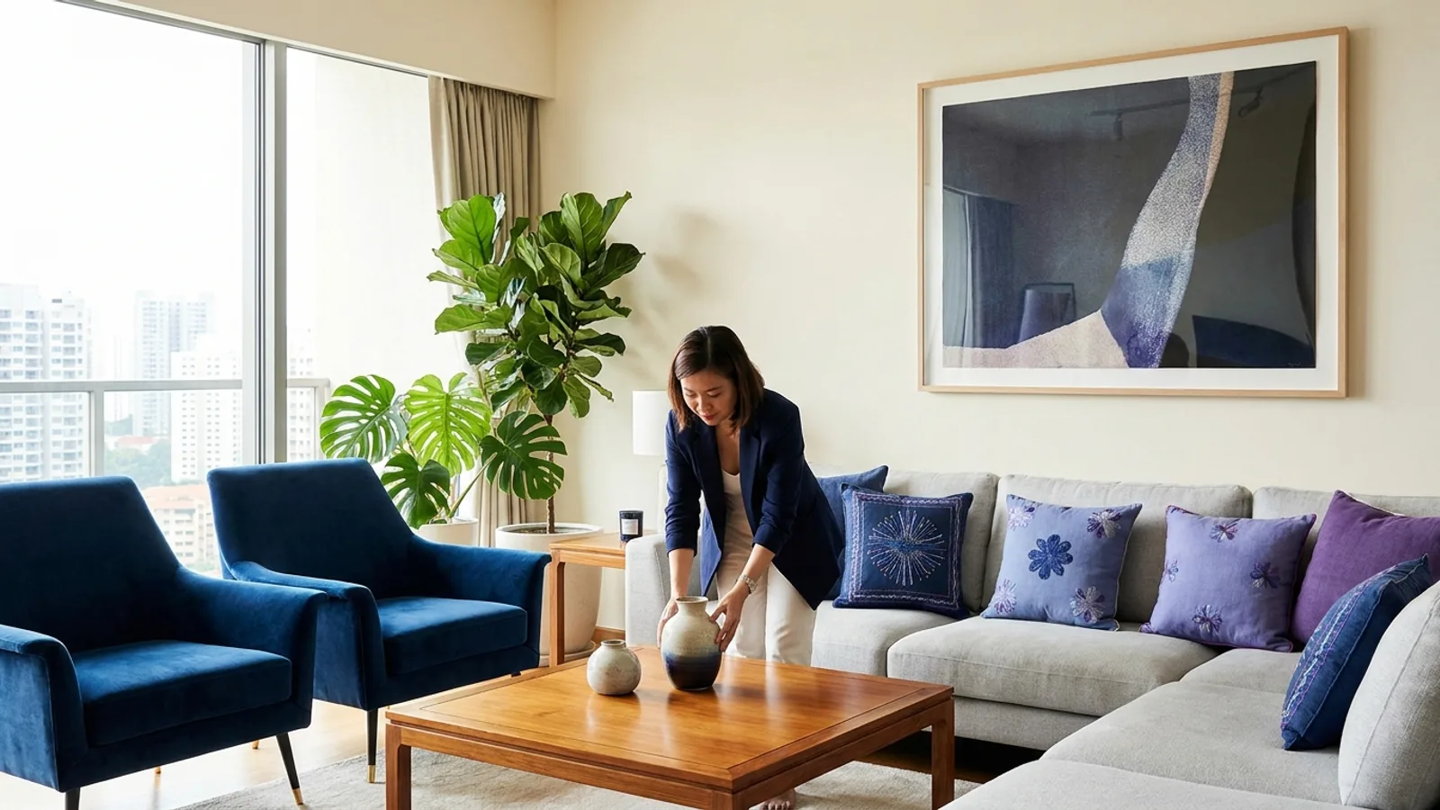 A beautifully home-staged bright Singapore condominium living room with tasteful modern furniture styled for sale