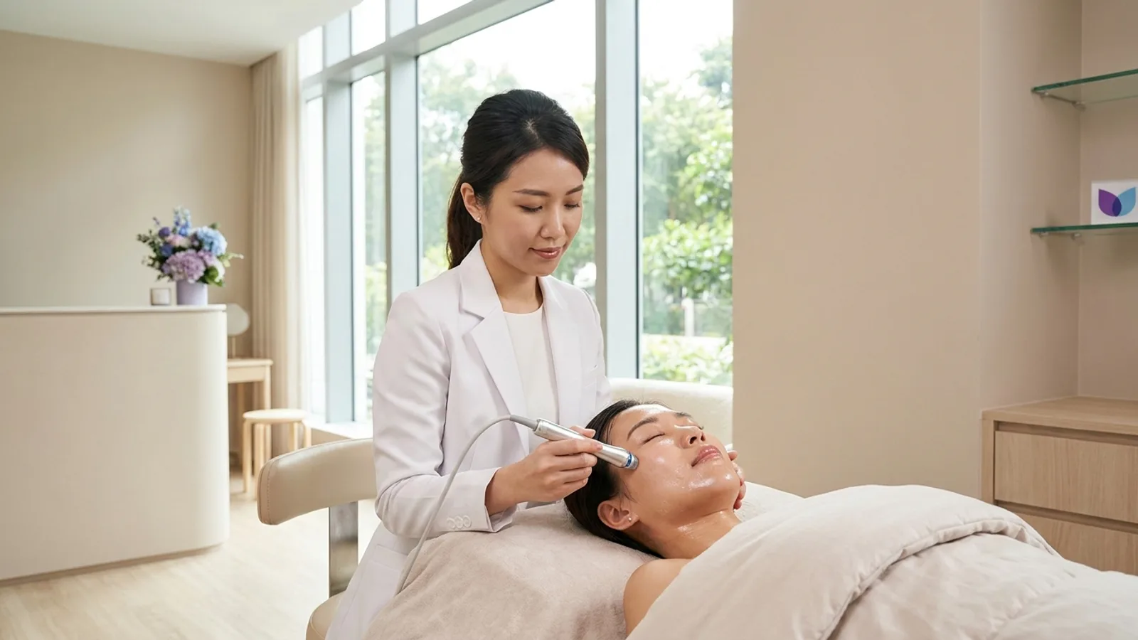 A facialist giving a HydraFacial treatment to a relaxed client in a modern Singapore aesthetic clinic