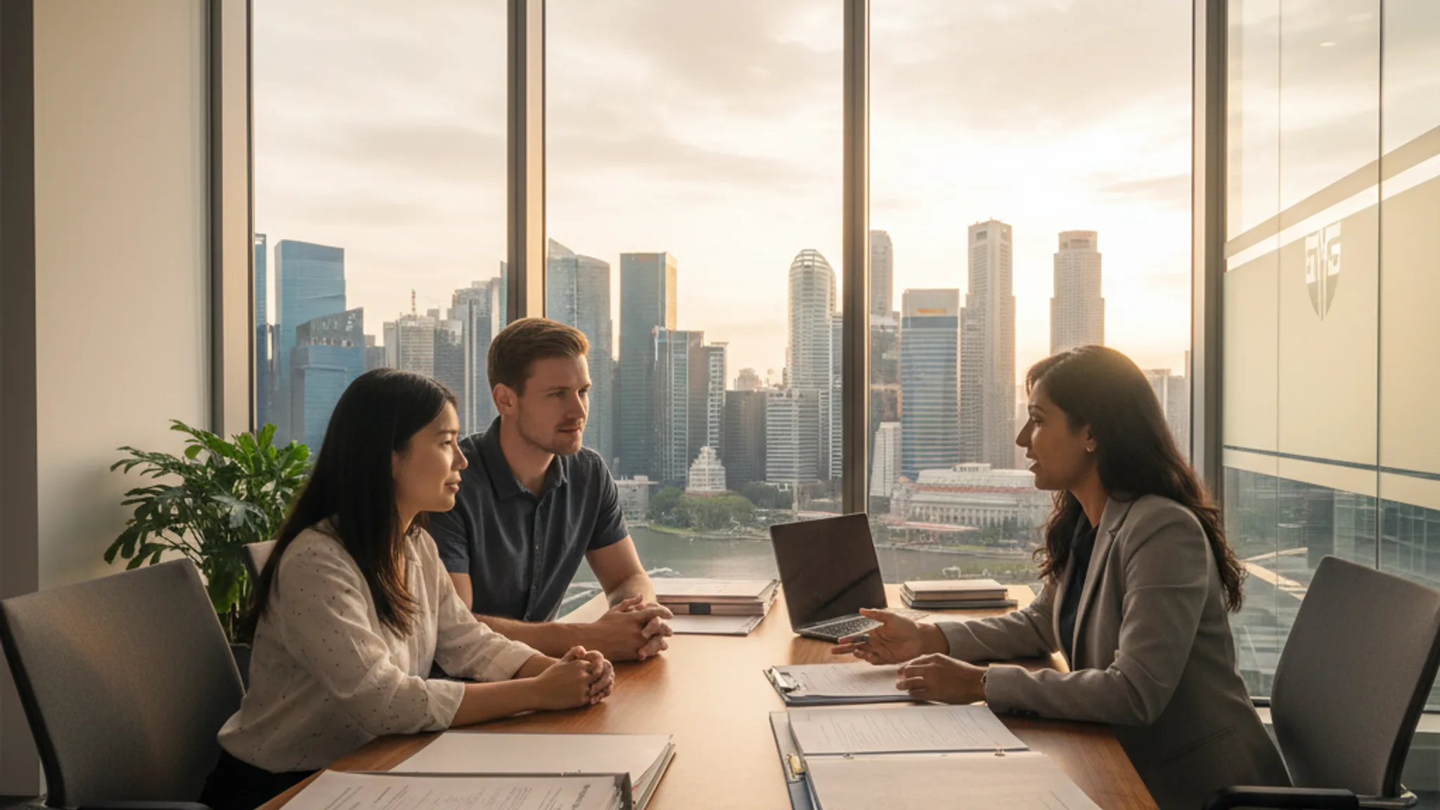 Immigration consultant meeting with clients in a modern Singapore office, representing the best immigration agencies in Singapore for 2026