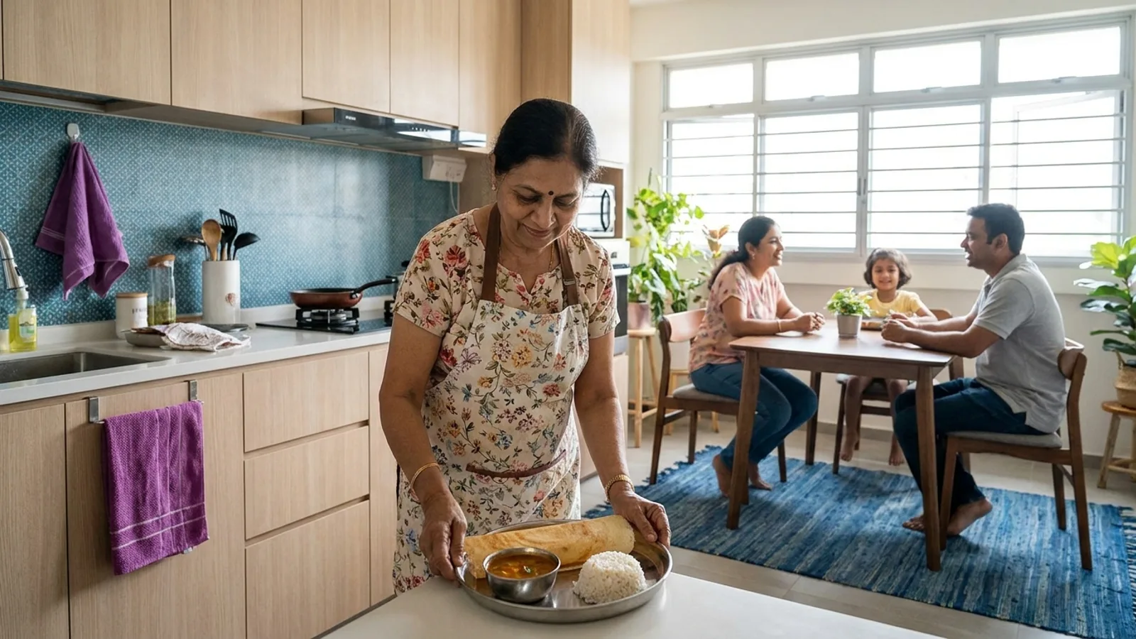 A friendly Indian domestic helper preparing a South Indian meal in a bright modern Singapore kitchen, representing the best Indian maid agencies in Singapore