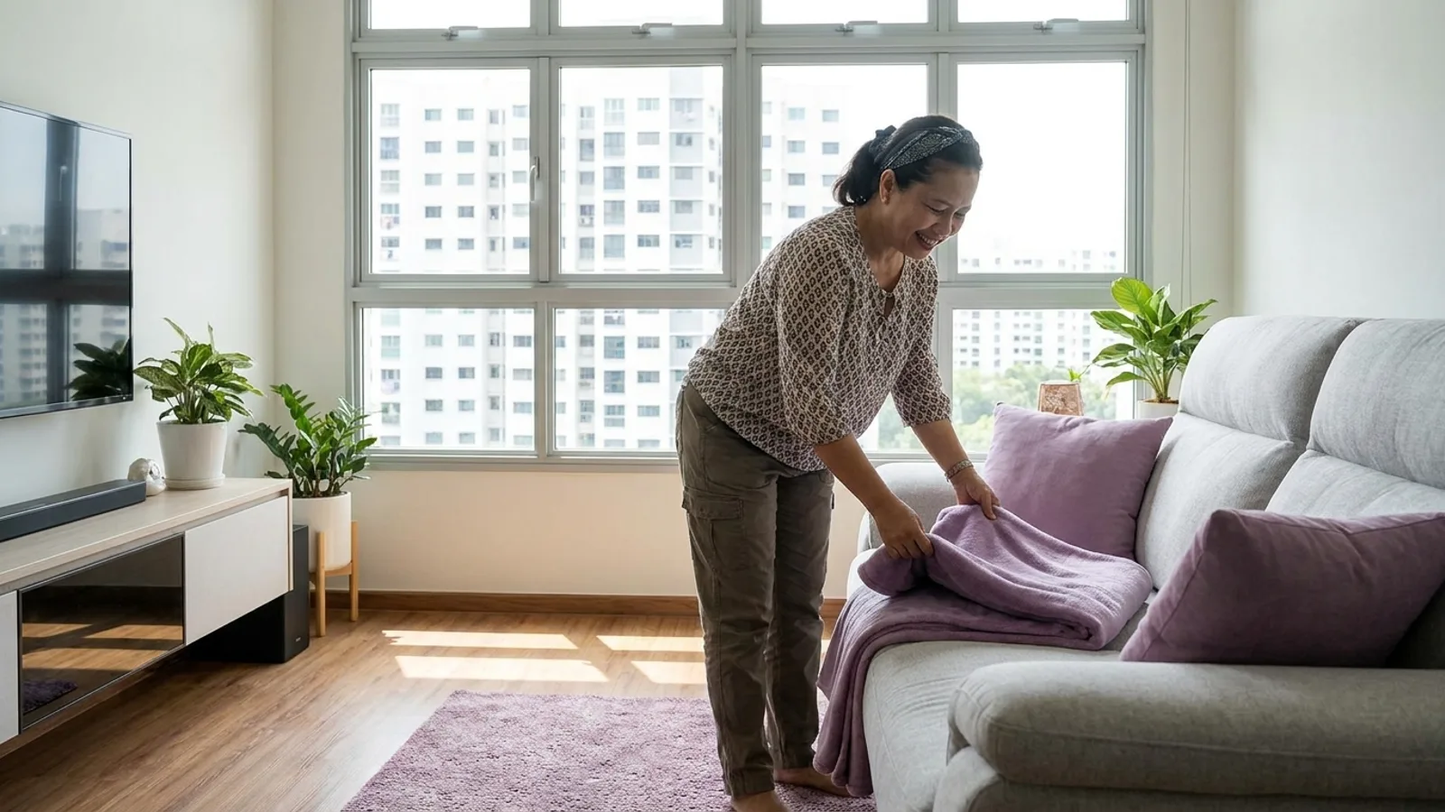 A friendly Indonesian domestic helper tidying a bright modern Singapore HDB living room, representing the best Indonesian maid agencies in Singapore