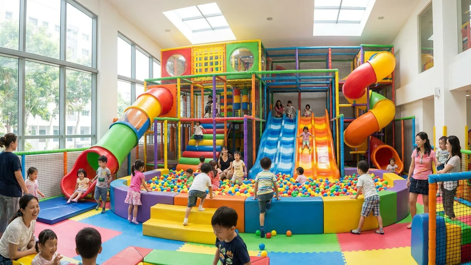 Children playing on colourful slides and in a ball pit at a large indoor playground in Singapore
