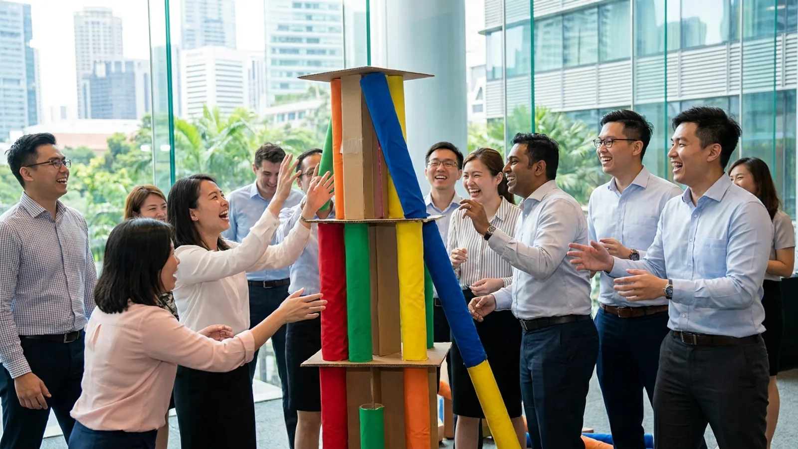 A corporate team doing an energetic indoor team building activity in an air-conditioned Singapore event space, collaboration and laughter