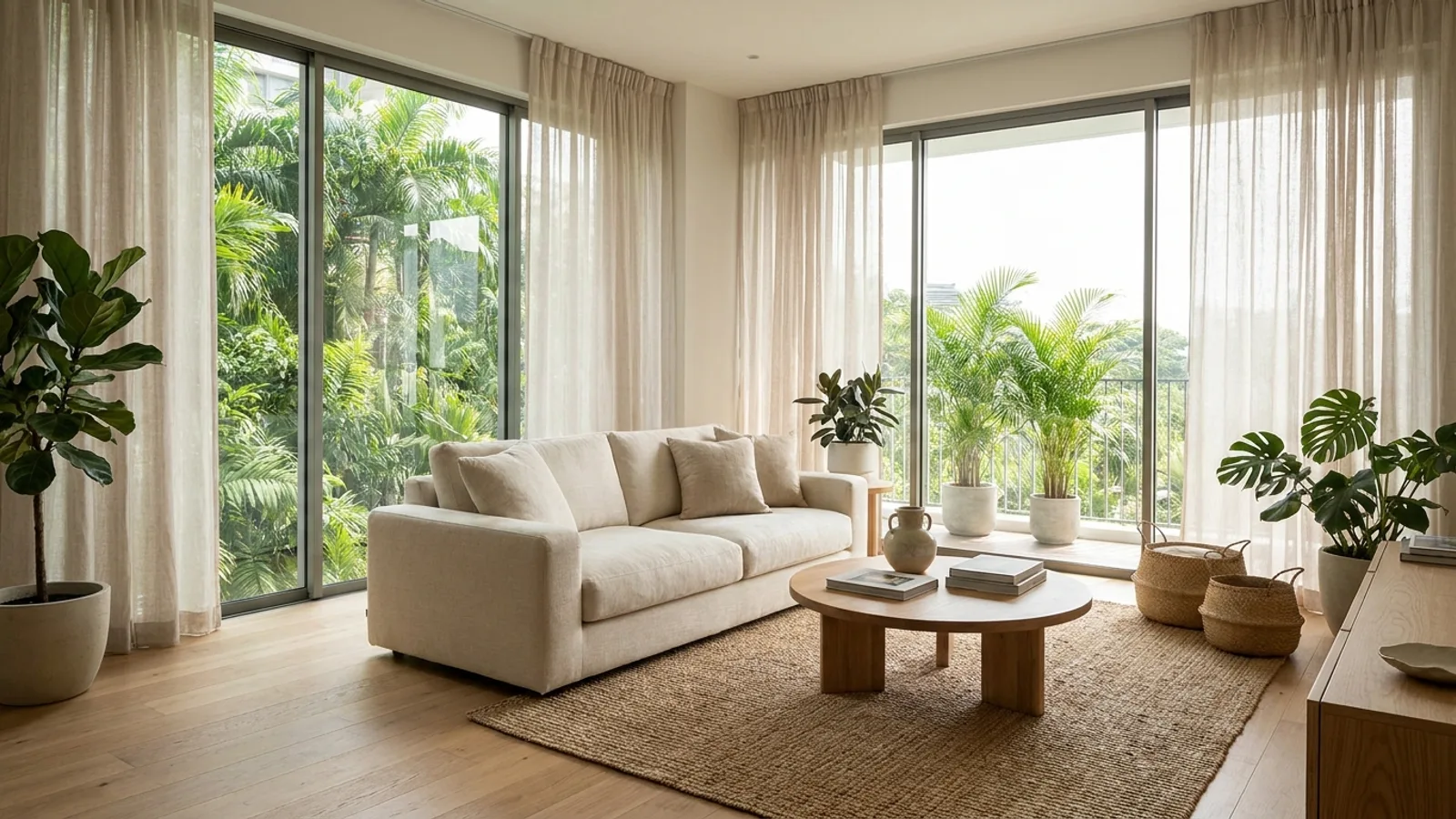 A bright modern Singapore condominium living room with warm minimalist Japandi styling, wood accents and floor-to-ceiling windows