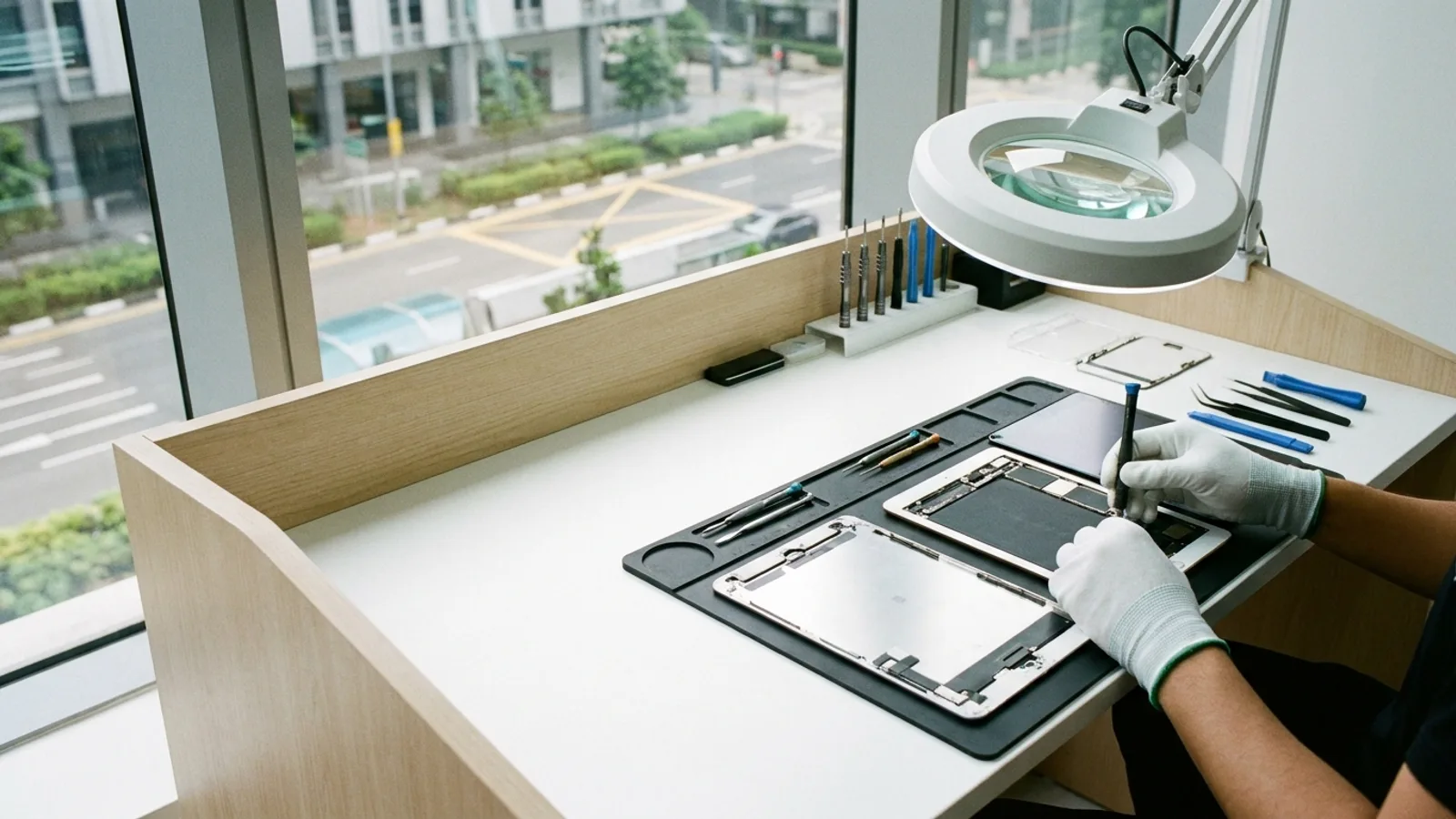 A technician repairing an iPad screen on a clean workbench with precision tools and a magnifier lamp in a modern Singapore repair shop