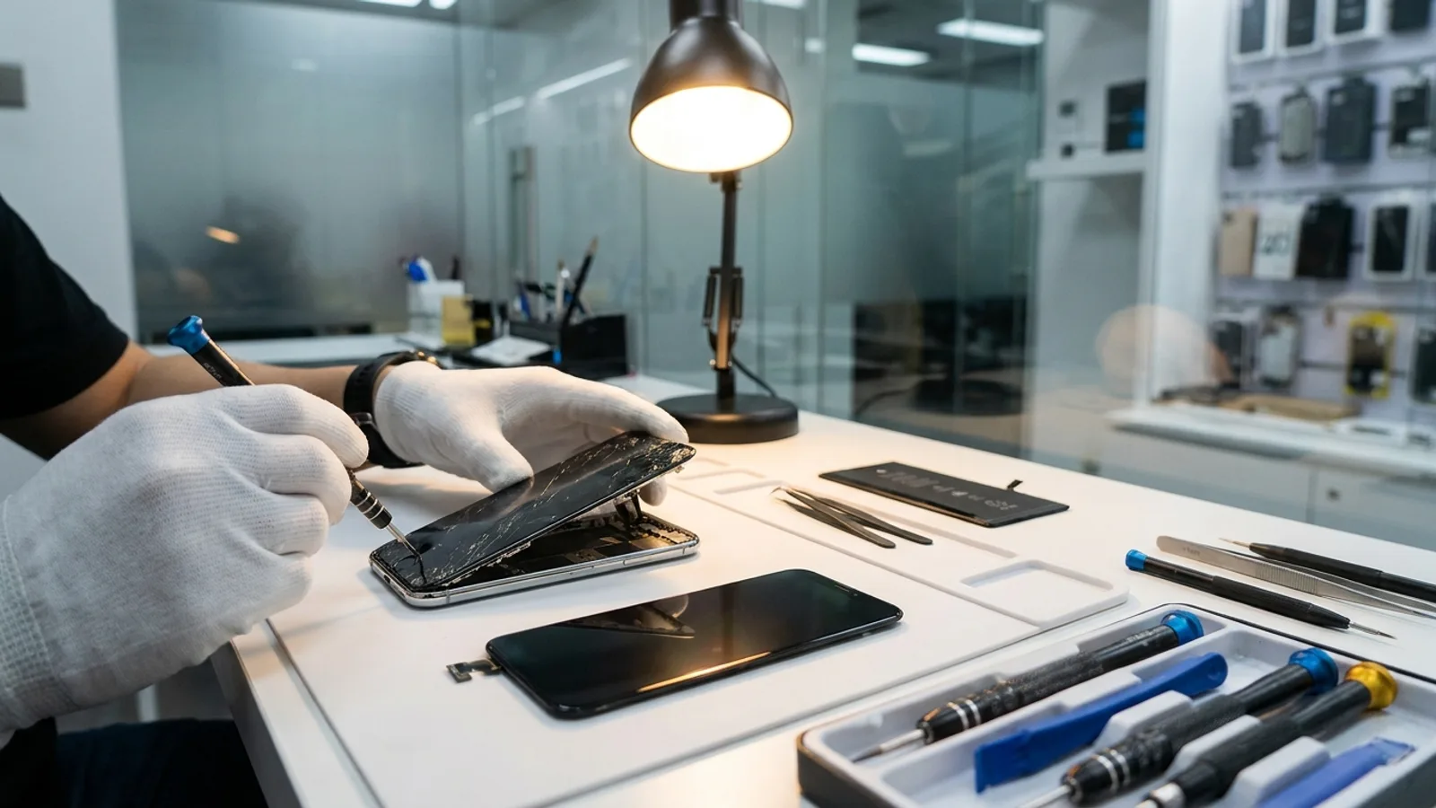 A technician replacing a cracked iPhone screen on a clean repair bench in a modern Singapore phone repair shop