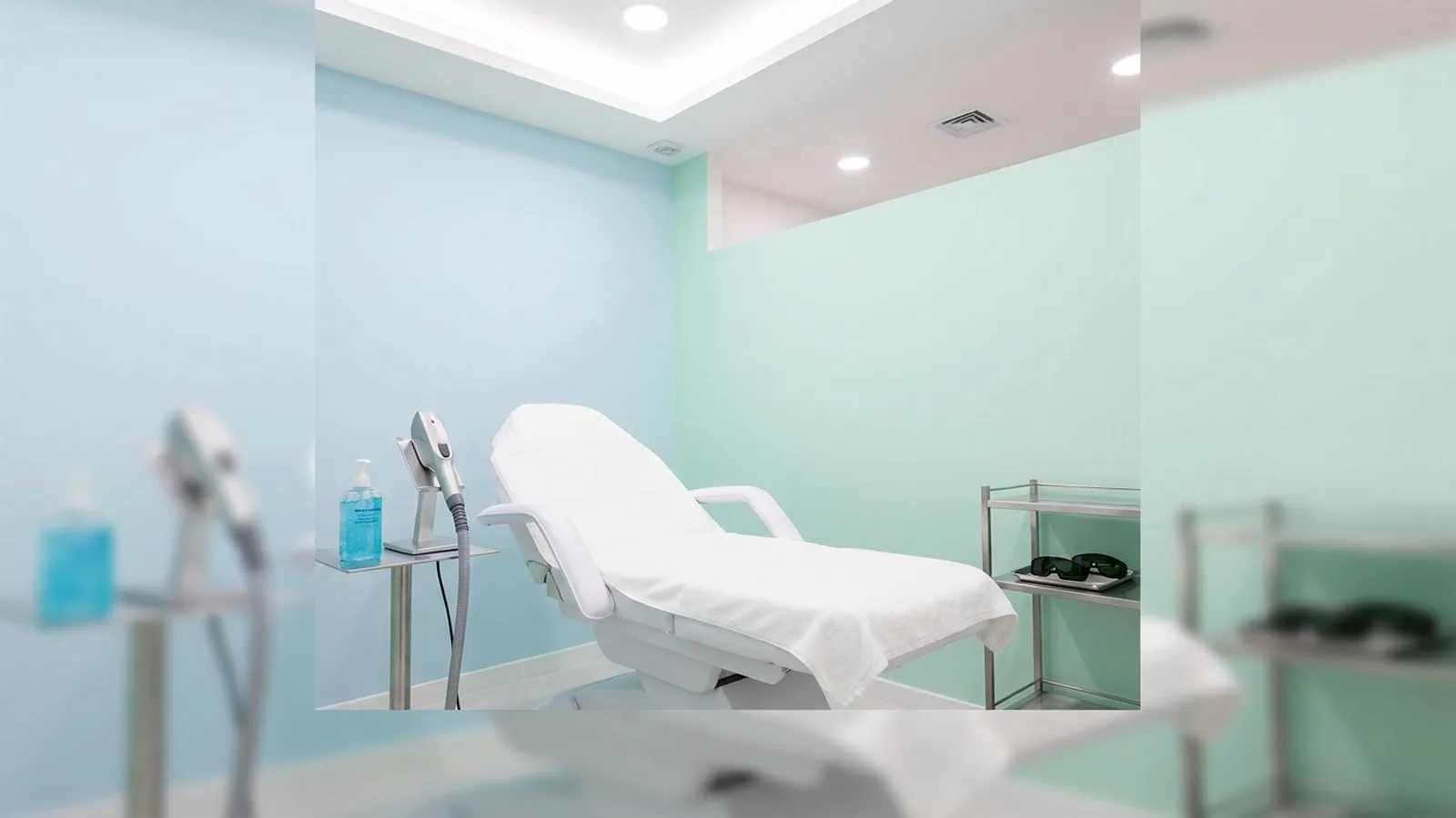 A clean treatment room with a reclining bed, a handheld light-based hair removal device and protective eyewear on a trolley