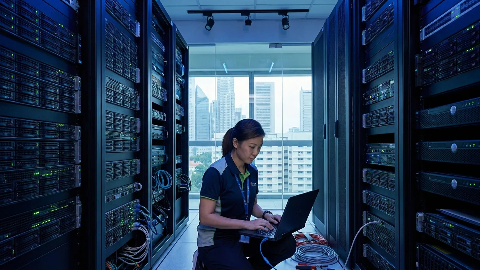 An IT support technician working on servers and a laptop supporting a small business in Singapore