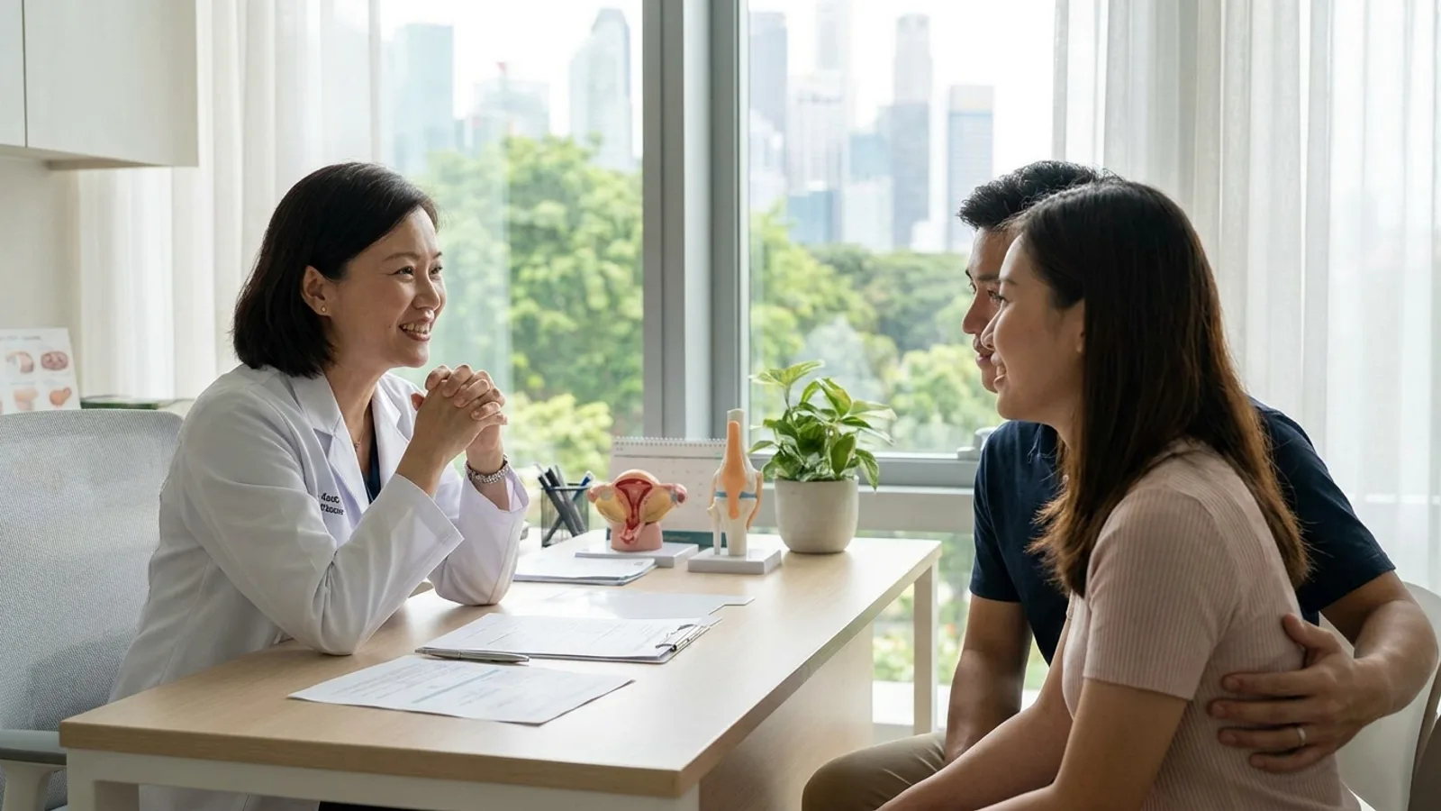 A fertility doctor consulting warmly with a hopeful couple in a modern clinic in Singapore, reassuring and caring setting