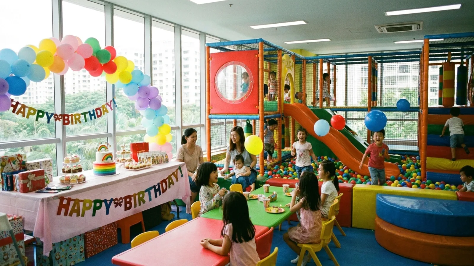 A colourful kids' birthday party at an indoor playground in Singapore with decorations, a cake and happy children
