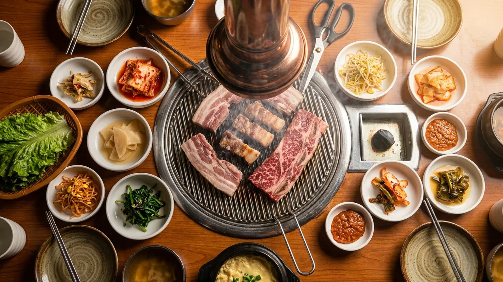 Pork belly and marbled beef searing on a domed charcoal Korean BBQ grill ringed by small banchan dishes