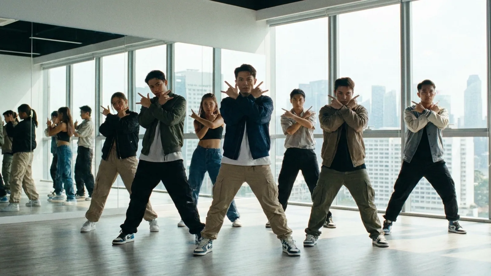 A group of young adult dancers performing a synchronised K-pop idol routine in a bright Singapore dance studio with mirrored walls
