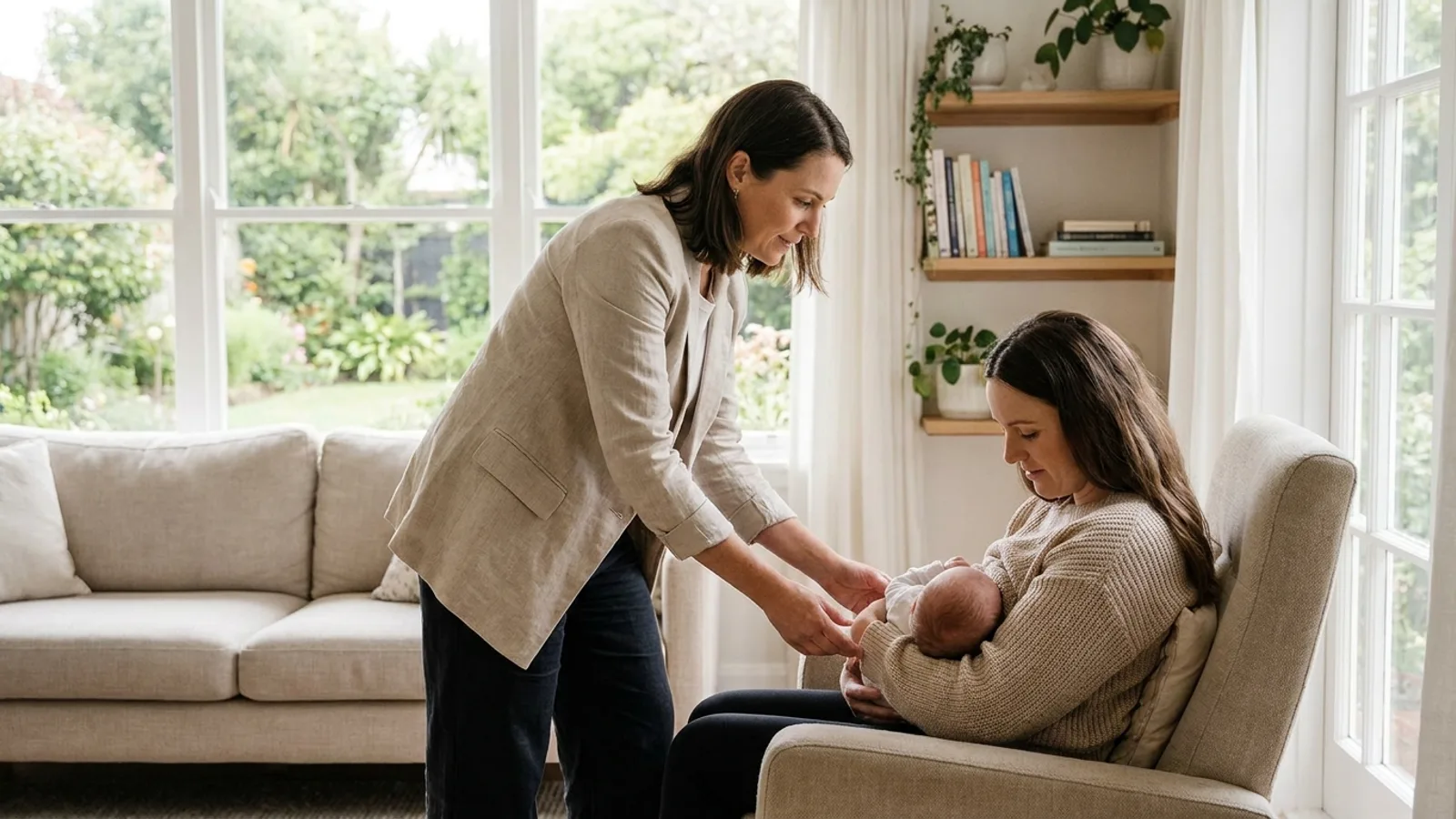 Warm, calm Singapore lactation consultation with a supportive IBCLC professional helping a new mother and newborn in soft natural light