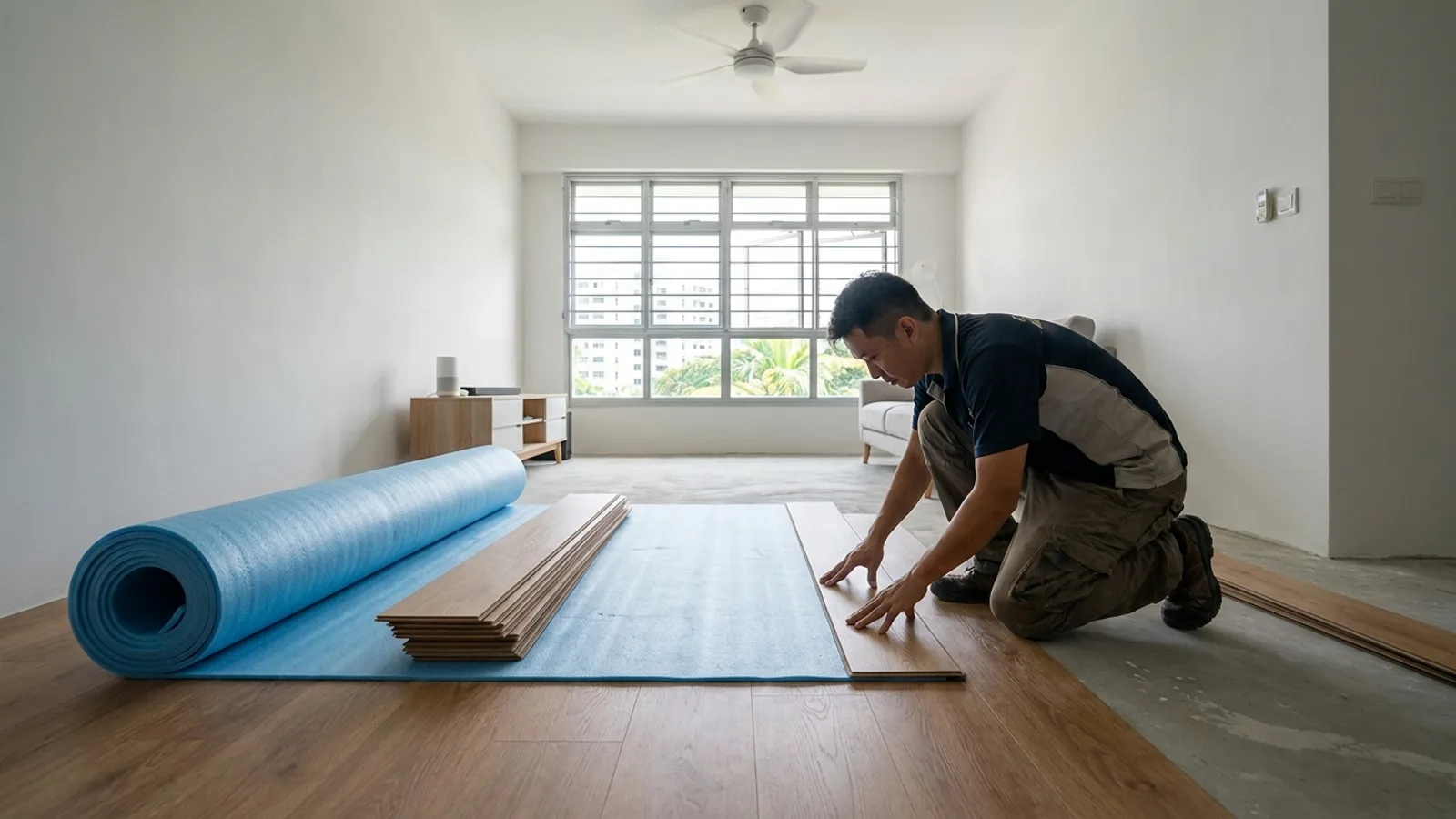 Warm wood-look laminate planks being click-locked across a bright HDB living room in Singapore