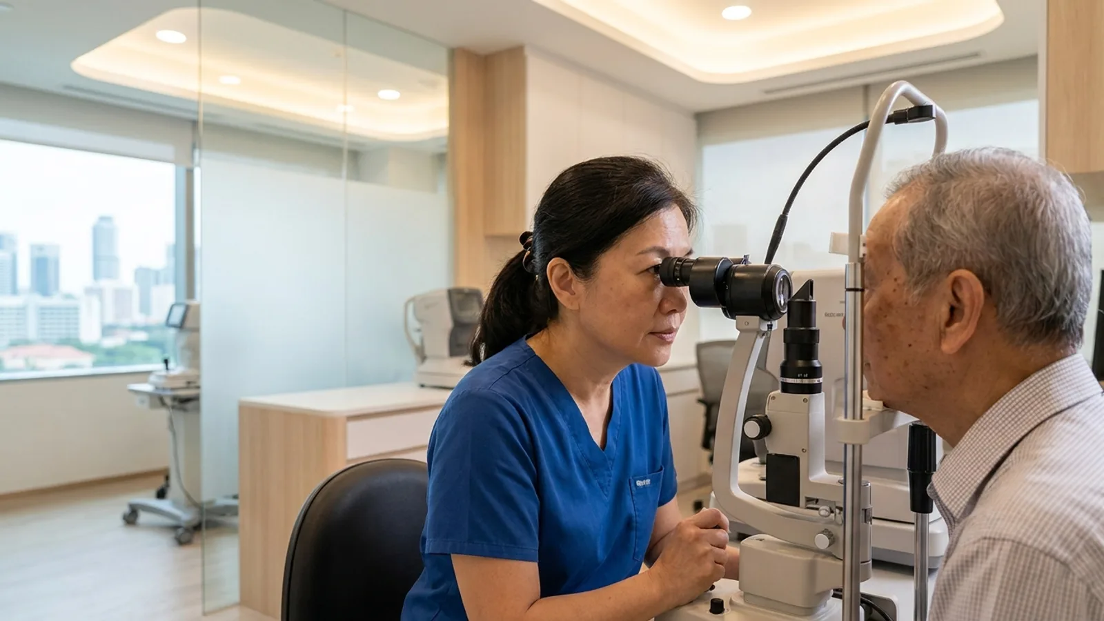 An ophthalmologist examining a patient's eyes with a slit lamp in a modern eye clinic in Singapore, clean clinical setting
