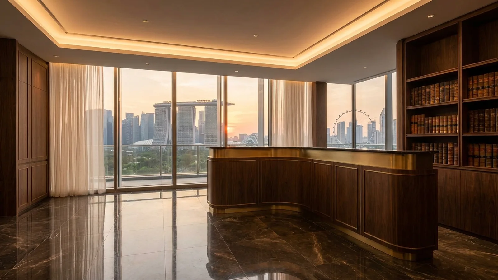 Elegant Singapore law firm reception with marble, dark walnut, and a Marina Bay skyline view