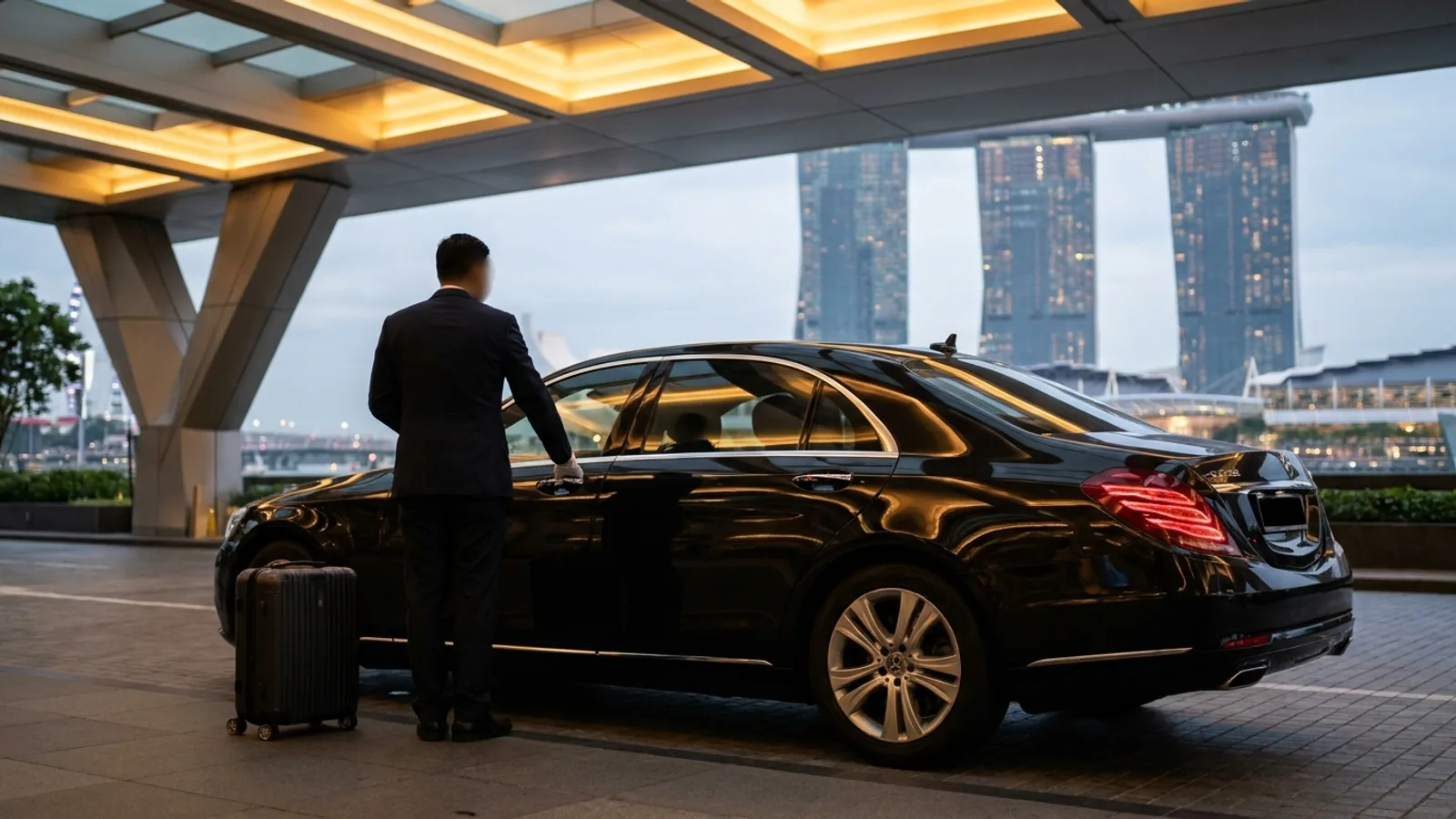 A chauffeur in a dark suit opening the rear door of a black Mercedes S-Class under a hotel porch at Marina Bay, Singapore, at dusk