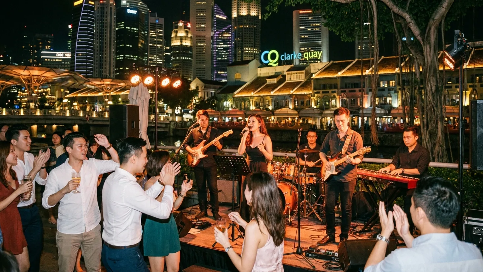 A live band performing at an event in Singapore with a singer and musicians on a stage and guests dancing