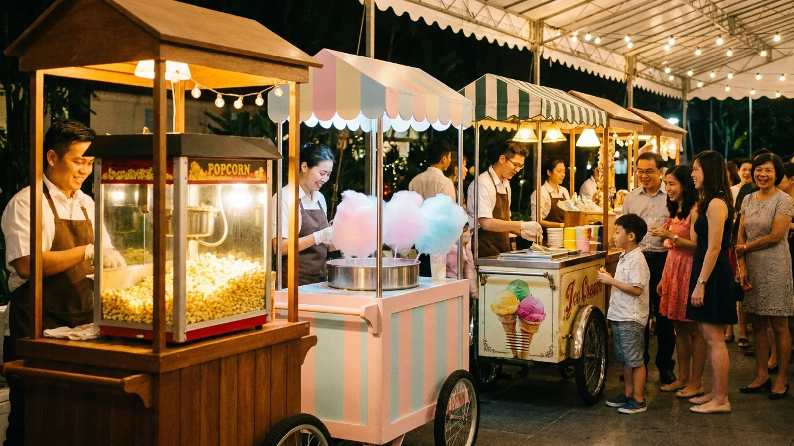 A row of live food station carts at a Singapore event, with popcorn, candy floss and ice cream being served by uniformed operators