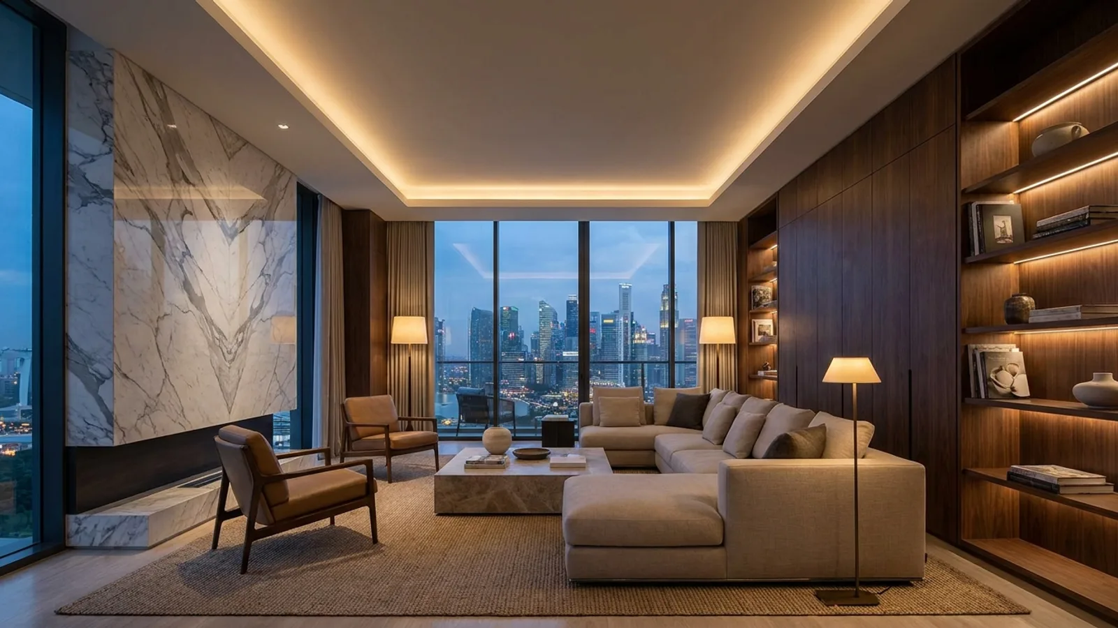 An opulent yet understated Singapore penthouse living room with marble, dark timber panelling, bespoke joinery and city skyline views