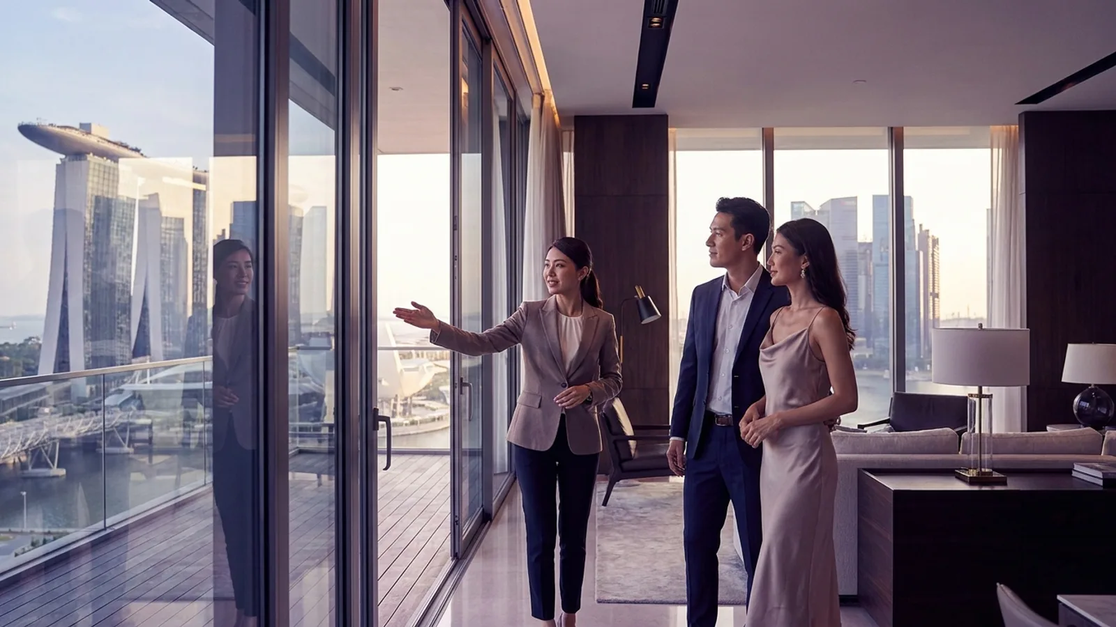 A luxury real estate agent presenting a prime-district Singapore penthouse with floor-to-ceiling windows overlooking the Marina Bay skyline at golden hour