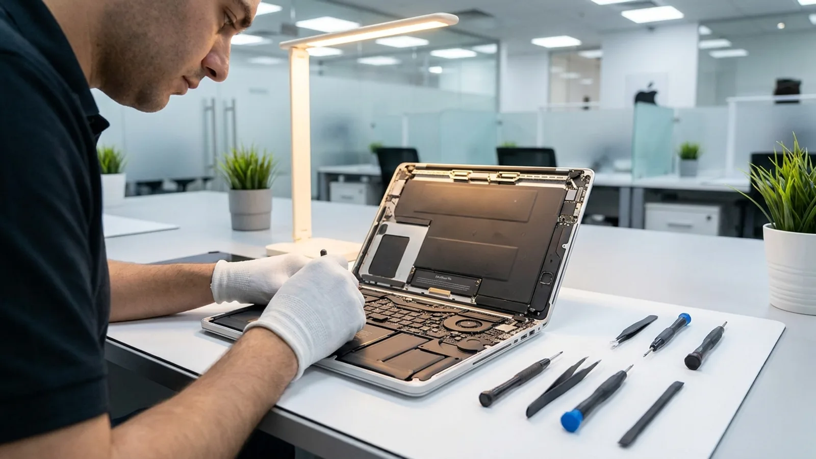 A technician repairing an open MacBook with its logic board exposed on a clean repair bench in a Singapore Apple repair shop