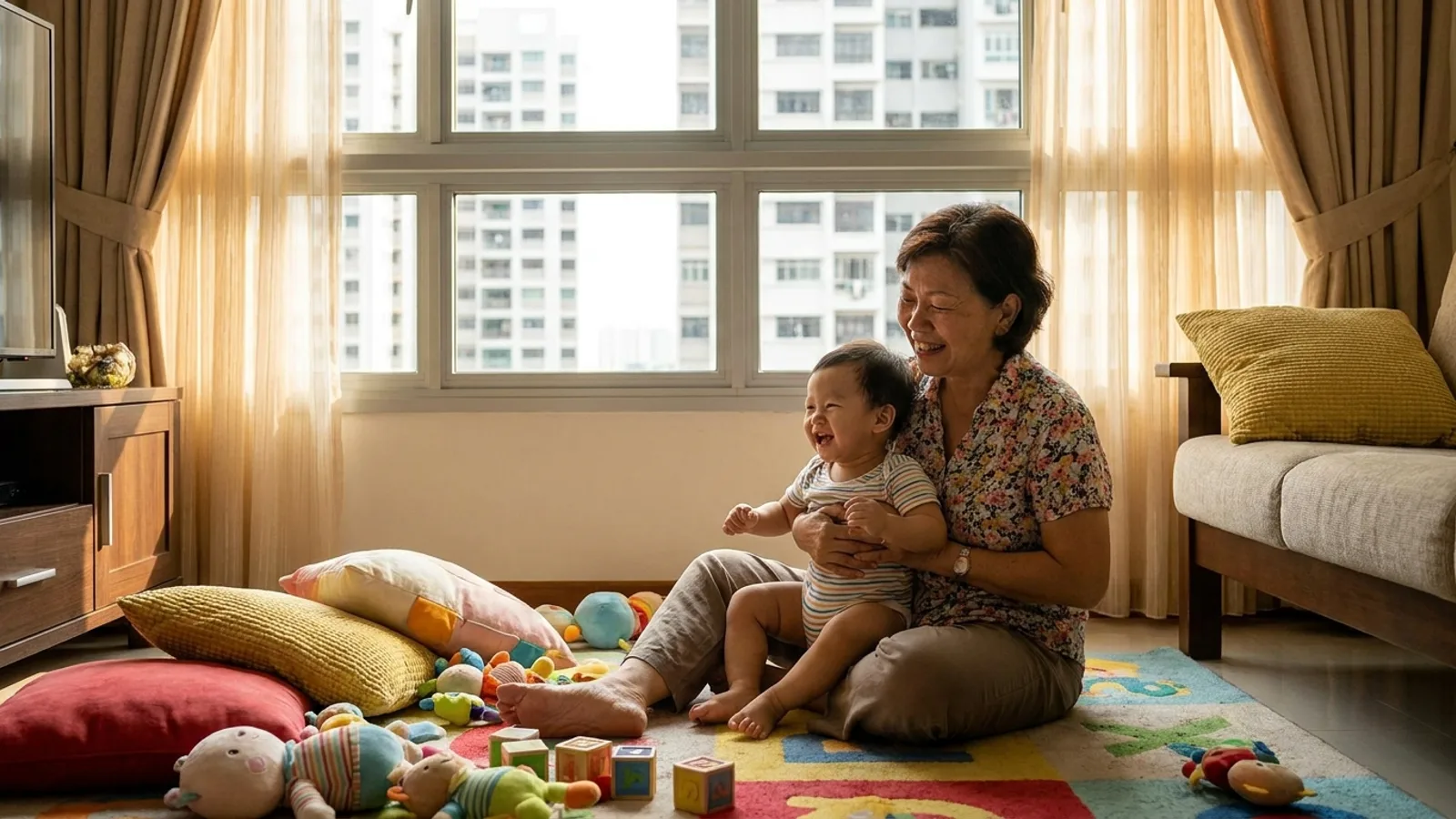 A warm domestic helper playing with a young toddler in a bright Singapore HDB living room, representing the best maid agencies for childcare in Singapore