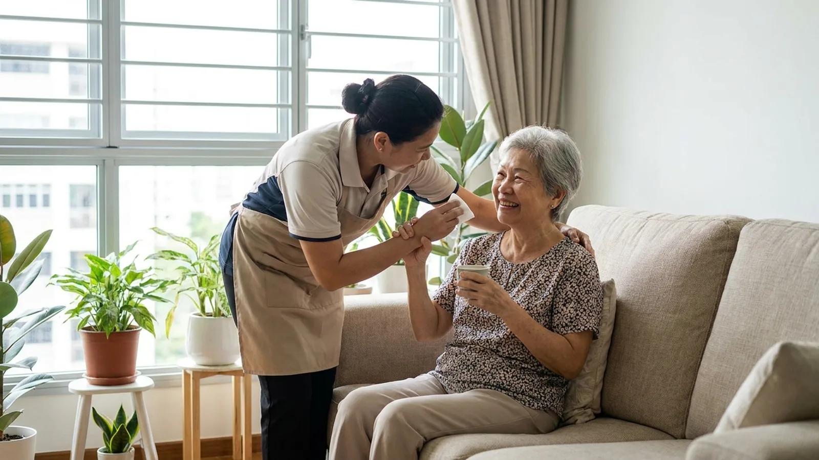 A compassionate domestic helper assisting a smiling elderly Singaporean woman in a bright HDB living room, representing the best maid agencies for elderly care in Singapore