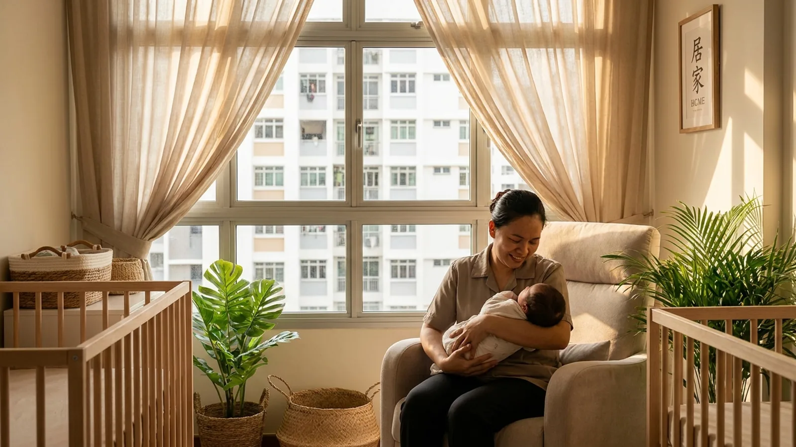 A gentle domestic helper cradling a newborn baby in a softly lit Singapore nursery, representing the best maid agencies for newborn care in Singapore