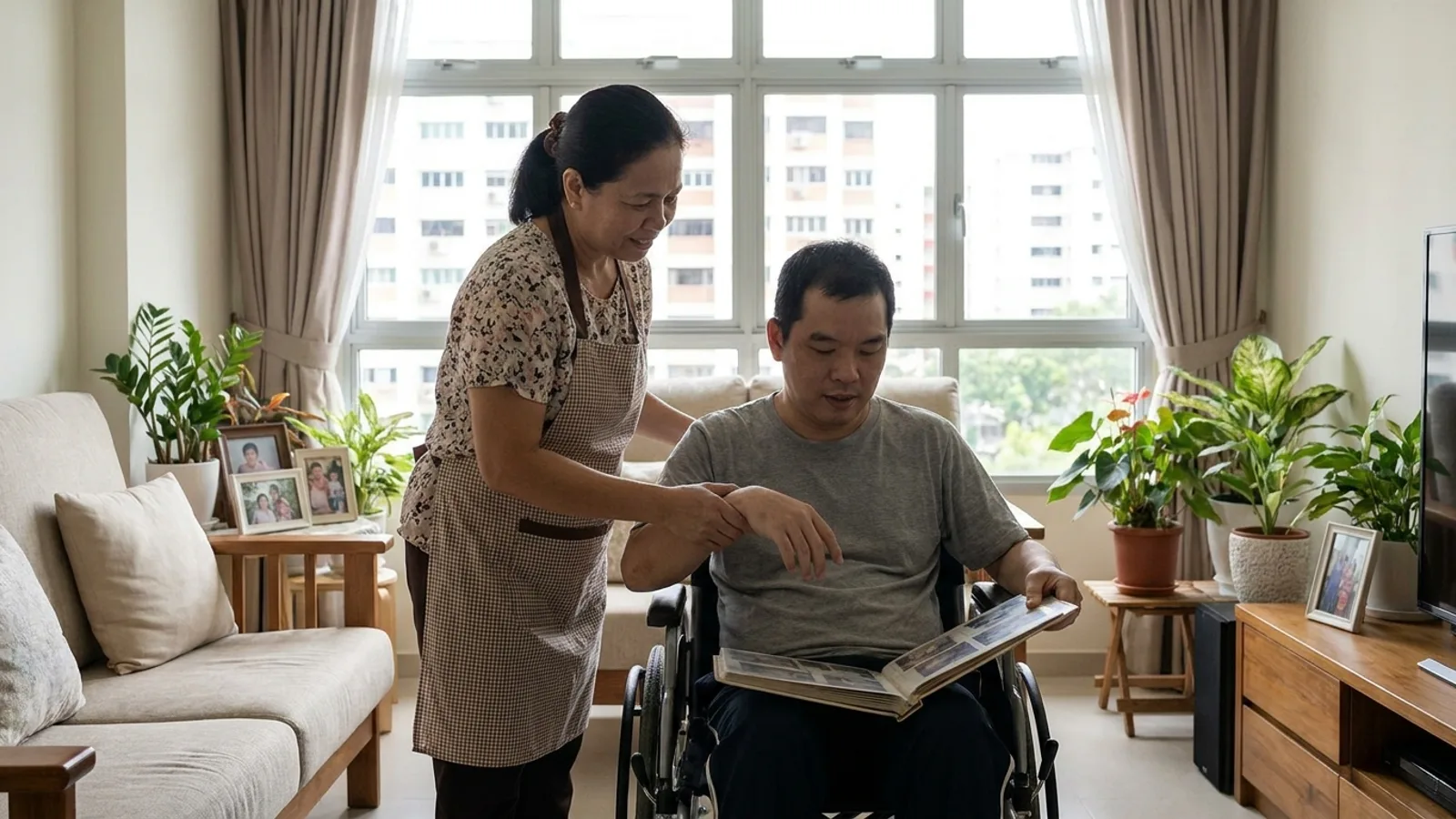 A patient domestic helper supporting a person with special needs in a warm, bright Singapore home, representing the best maid agencies for special needs care in Singapore