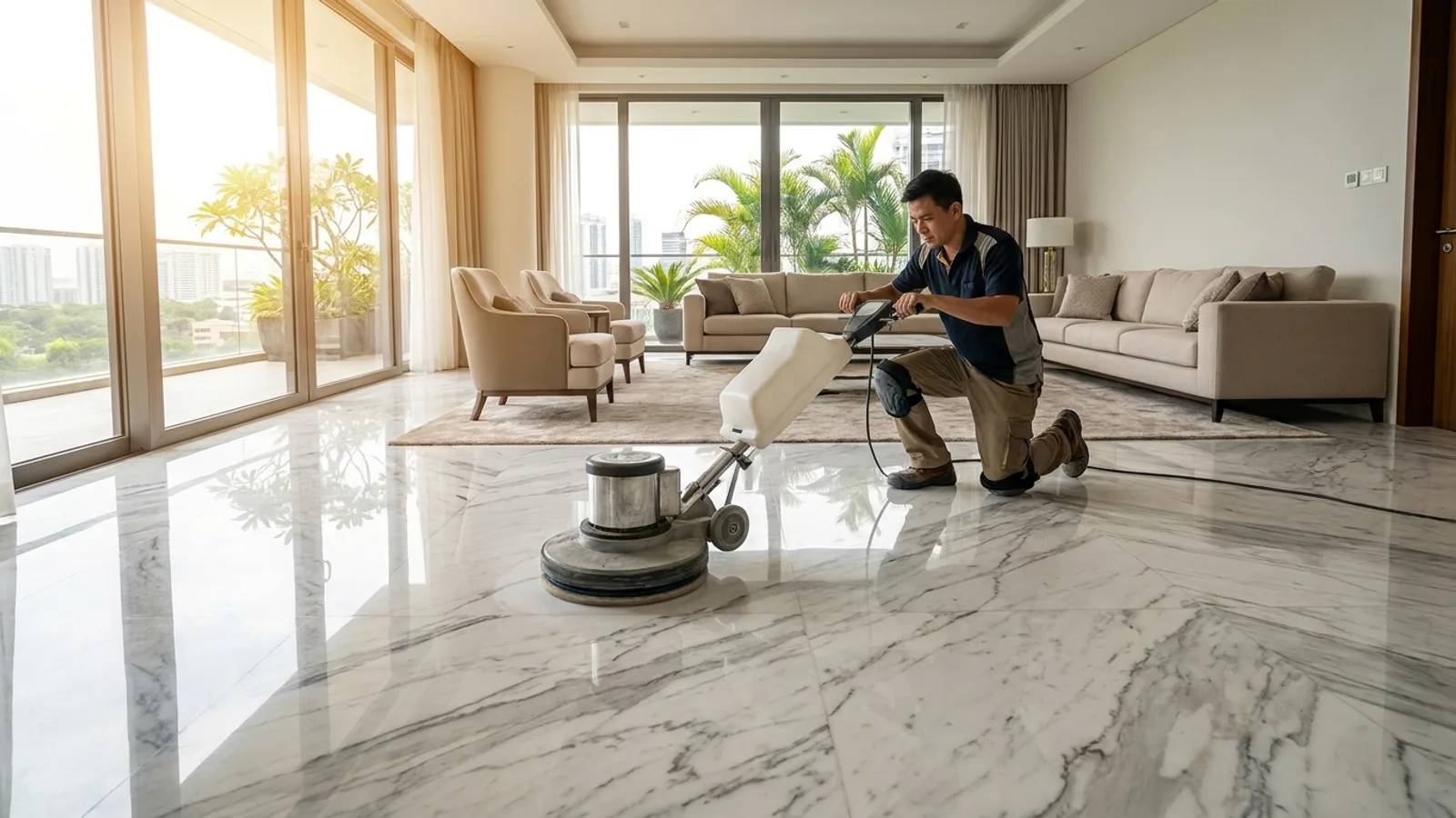 A stone technician diamond-polishing a marble floor to a mirror shine in a bright Singapore living room