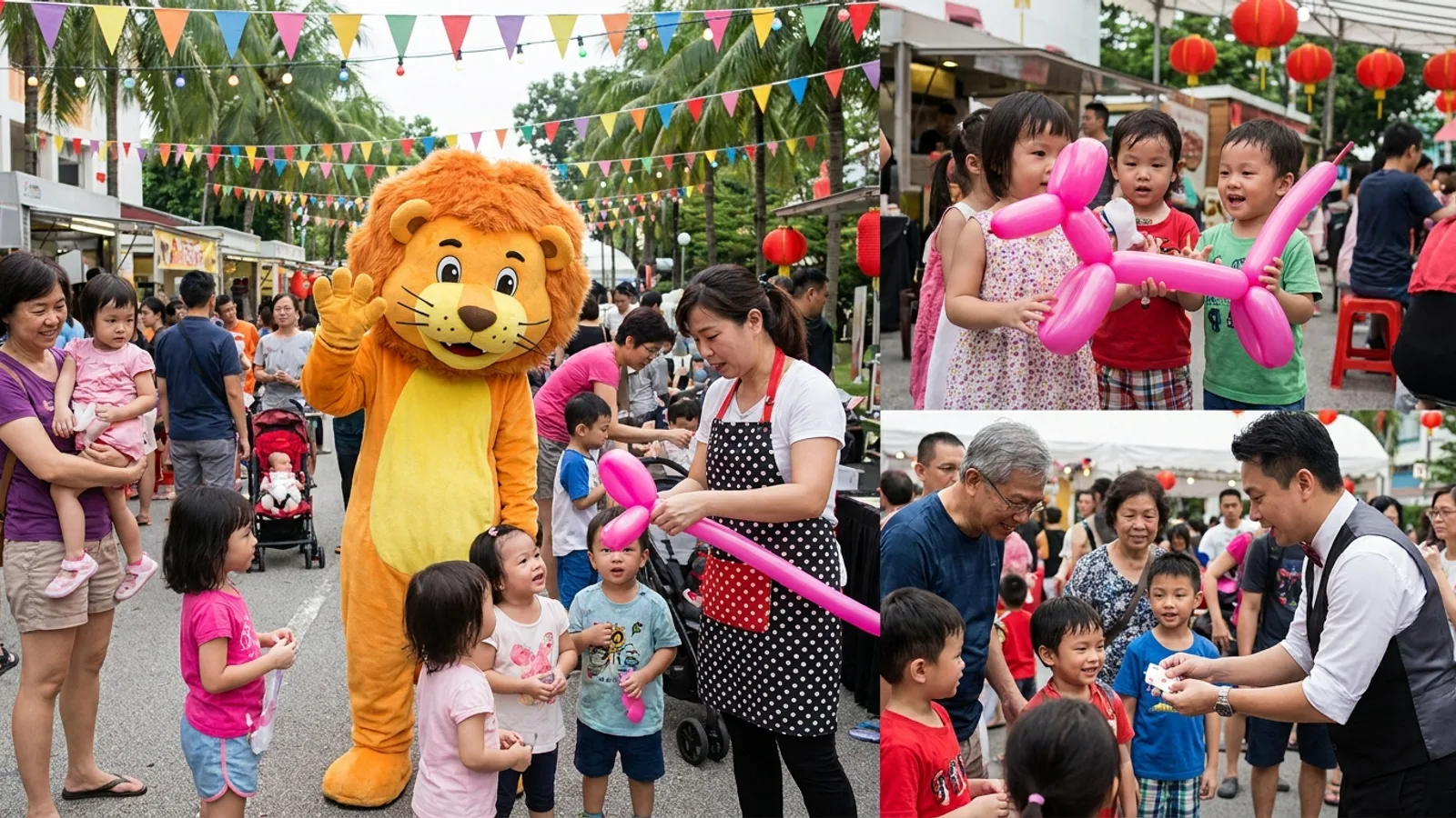 Event entertainers at a Singapore event, including a mascot, a balloon sculptor and a magician performing for a crowd