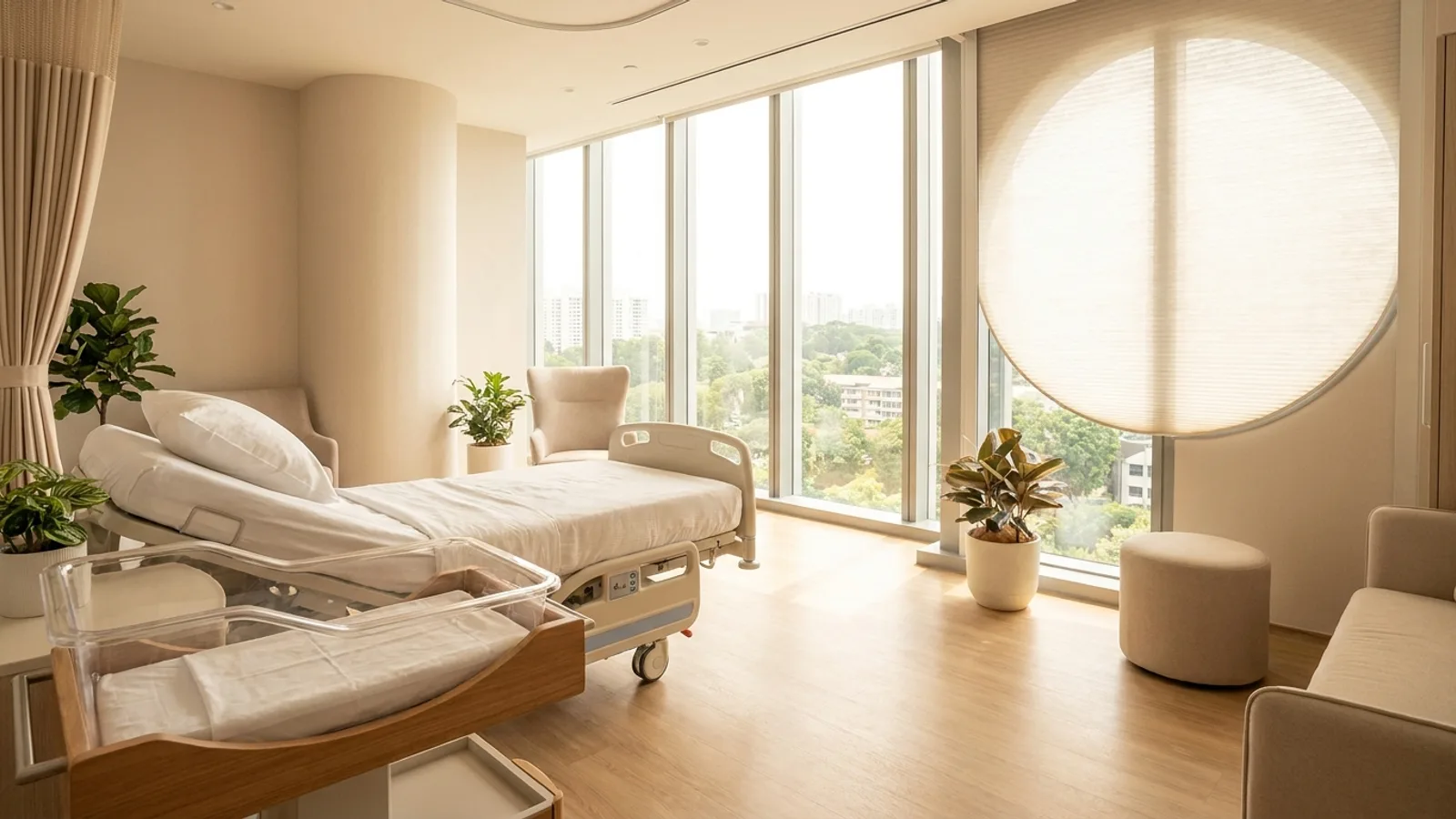 Bright modern Singapore maternity hospital suite with a comfortable delivery bed and newborn bassinet in warm natural light