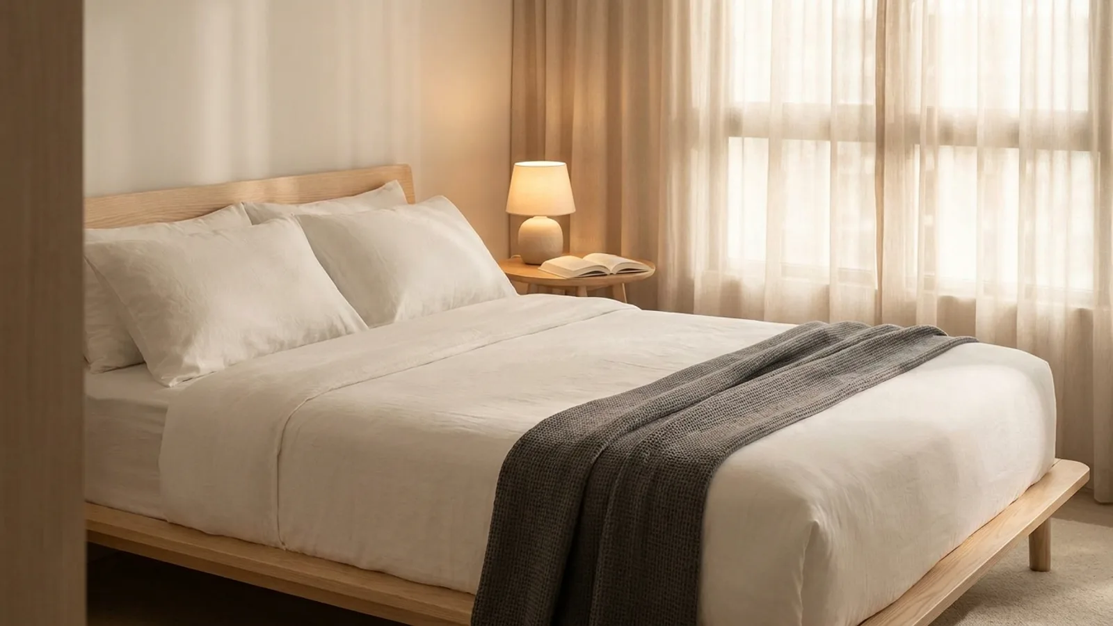 A neatly made bed with a thick white mattress on a low wooden frame in a bright Singapore bedroom