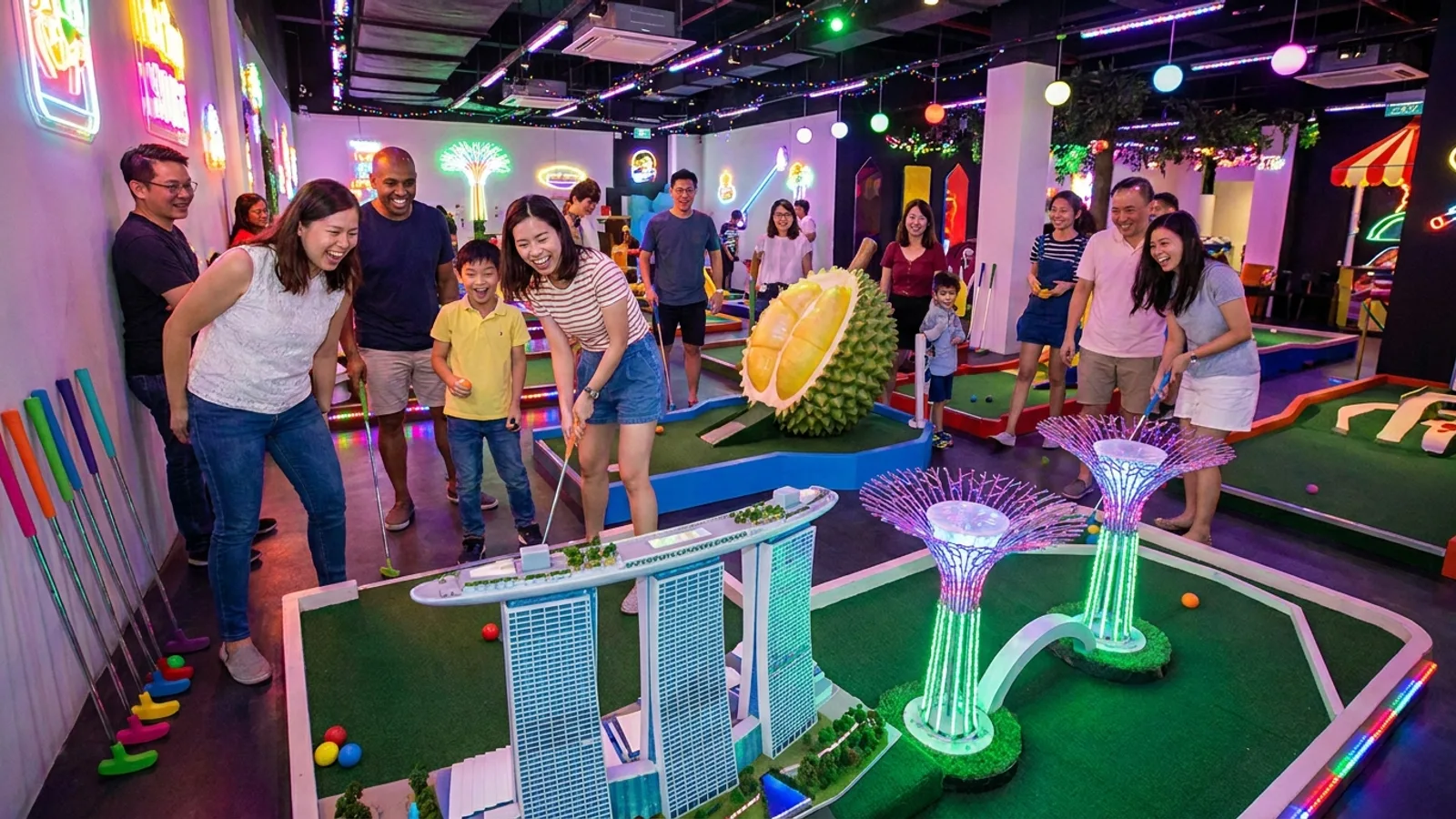 A fun mini golf course in Singapore with colourful themed holes, putters and golf balls, people playing under playful lighting