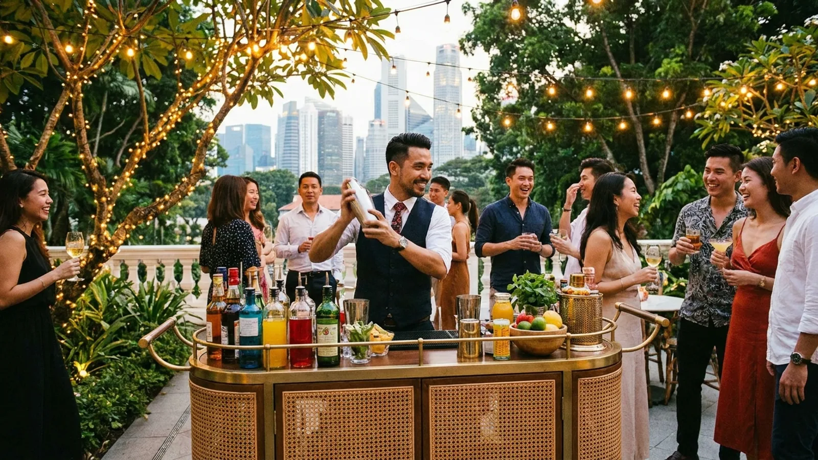 A stylish mobile cocktail bar set up at a party in Singapore with a bartender mixing drinks for guests
