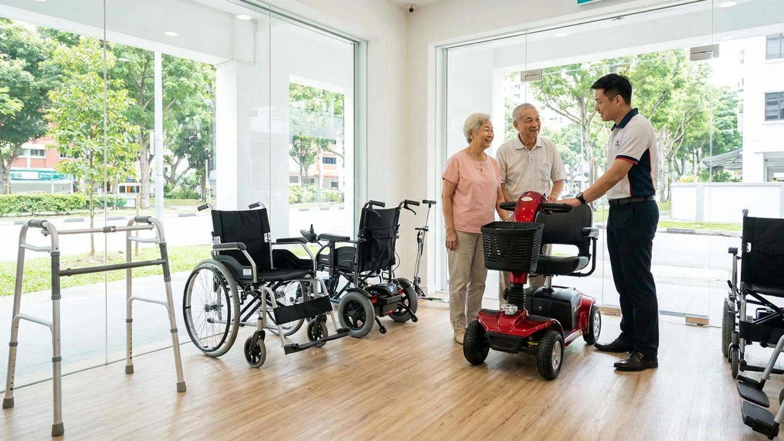 A bright Singapore mobility aids showroom with wheelchairs, a mobility scooter, and a rollator arranged for an elderly shopper to try