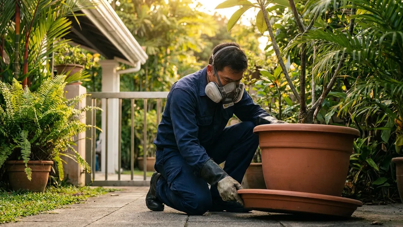 A pest control technician in a respirator lifting a flowerpot plate to check for standing water in the garden of a Singapore landed house